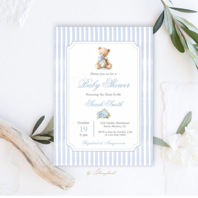 Grandmillennial Bear Baby Shower Boy Invitation (Creator Uploaded)