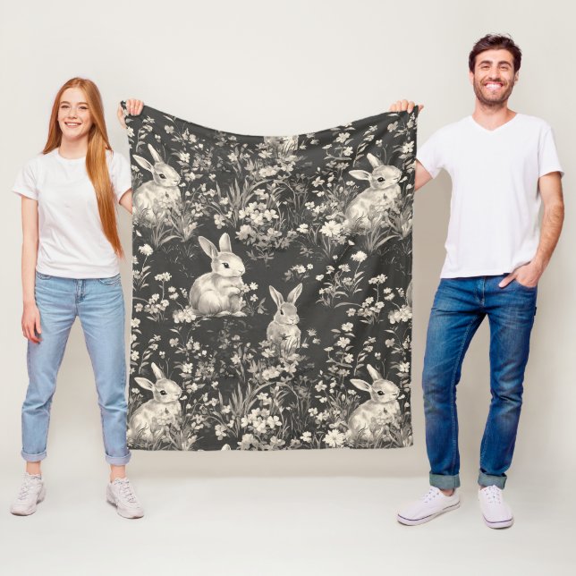 Grandmillennial Black Rabbit Toile Pattern Fleece Blanket (In Situ)