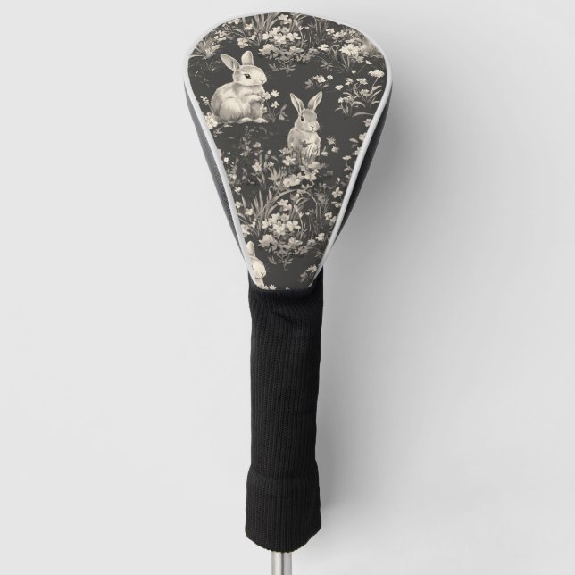Grandmillennial Black Rabbit Toile Pattern Golf Head Cover (Front)