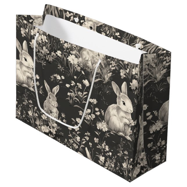 Grandmillennial Black Rabbit Toile Pattern Large Gift Bag (Front Angled)