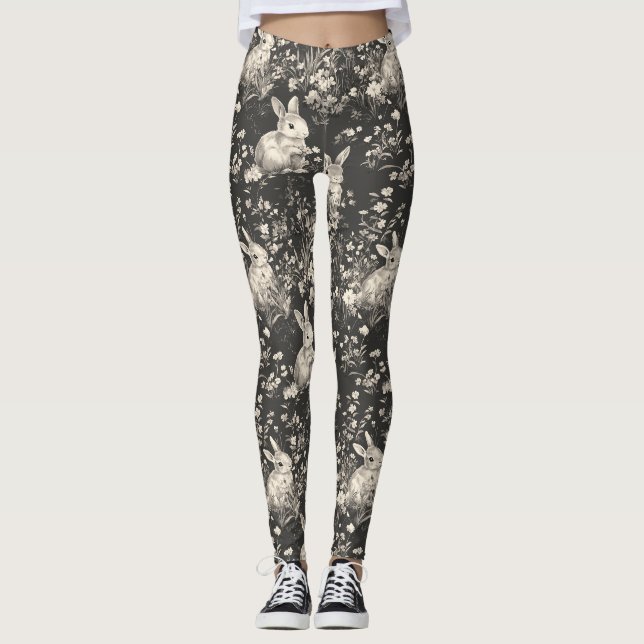 Grandmillennial Black Rabbit Toile Pattern Leggings (Front)
