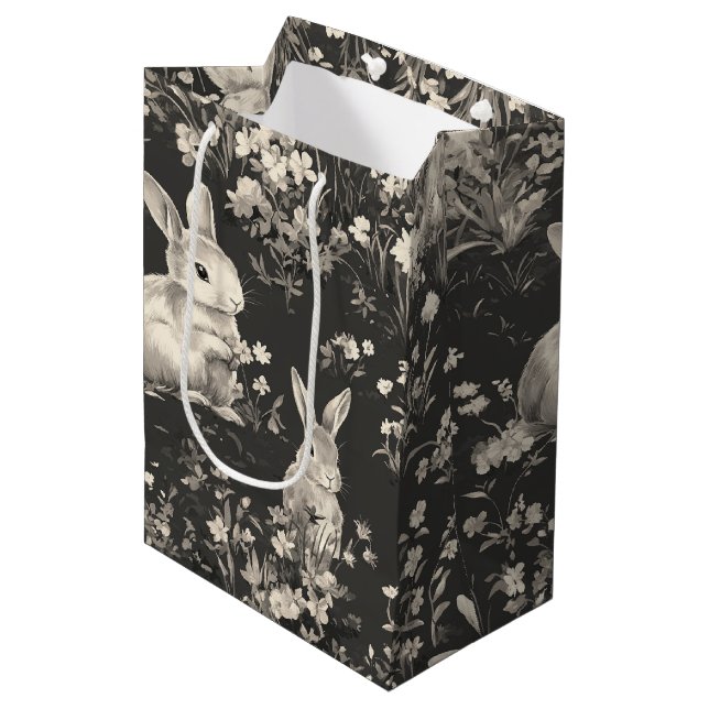 Grandmillennial Black Rabbit Toile Pattern Medium Gift Bag (Front Angled)