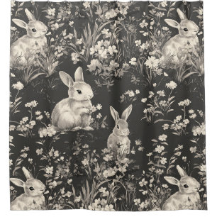 Grandmillennial Black Rabbit Toile Pattern Shower Curtain