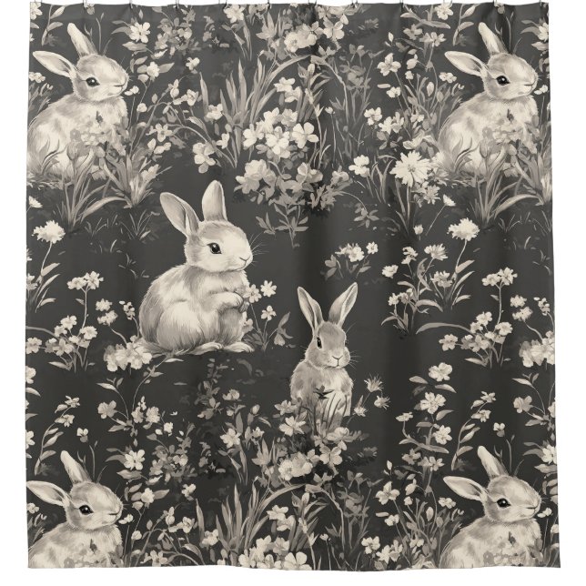 Grandmillennial Black Rabbit Toile Pattern Shower Curtain (Front)