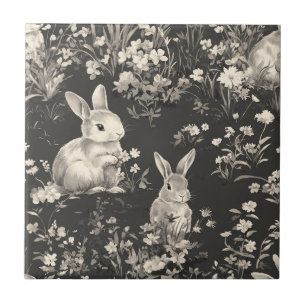 Grandmillennial Black Rabbit Toile Pattern Tile