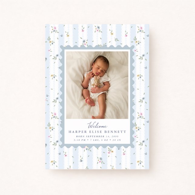 Grandmillennial Blue Birth Announcement Photo Card (Creator Uploaded)