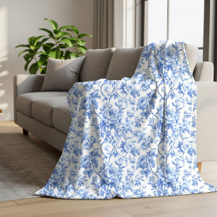 Grandmillennial Blue Toile Roses Floral Blanket