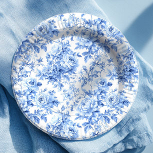 Grandmillennial Blue Toile Roses Floral Paper Plat Plate