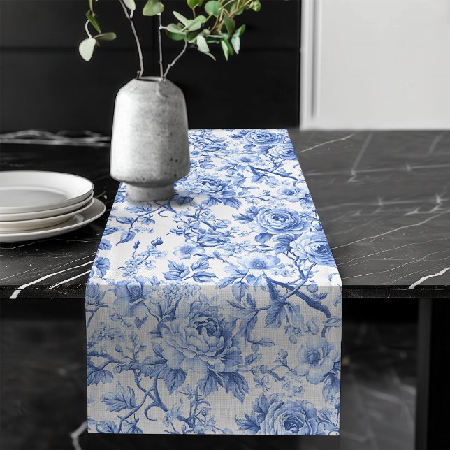 Grandmillennial Blue Toile Roses Floral Table Runn Long Table Runner (Grandmillennial Blue Toile Roses Floral Table Runner)