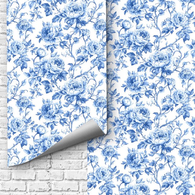 Grandmillennial Blue Toile Roses Floral Wallpaper  (Grandmillennial Blue Toile Roses Floral Wallpaper Design)