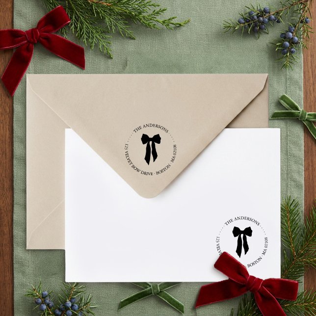 Grandmillennial Bow Round Return Address Self-inking Stamp (Round Address Stamp from the Grandmillenial Botanical Bow Christmas collection by Darling & May)