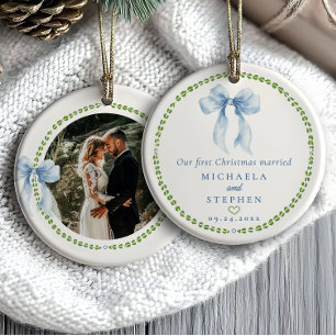 Grandmillennial Bows First Christmas Married Photo Ceramic Tree Decoration