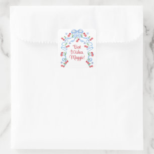 Grandmillennial Cherry Bows Watercolor Square Sticker
