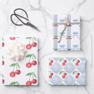 Grandmillennial Cherry Bows Watercolor Wrapping Paper Sheet