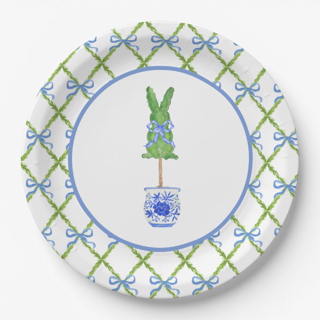 Grandmillennial Chinoiserie Bunny Topiary Paper Plate (Front)