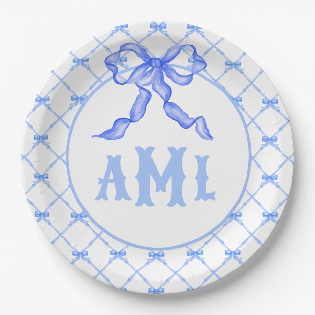 Grandmillennial Chinoiserie Monogram Bamboo & Bow Paper Plate (Front)