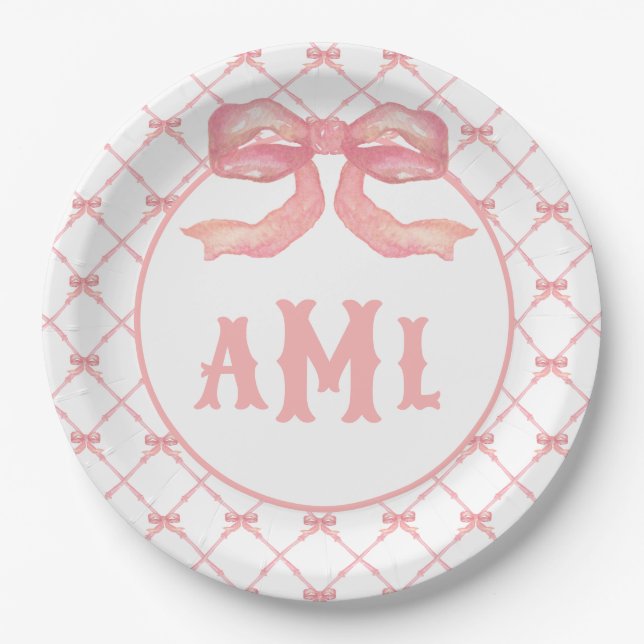Grandmillennial Chinoiserie Monogram Bamboo & Bow Paper Plate (Front)