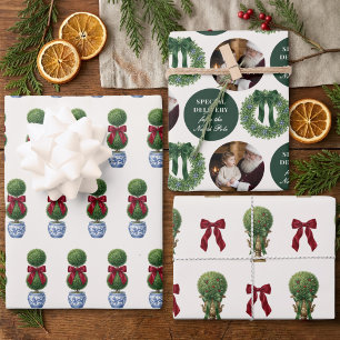 Grandmillennial Chinoiserie Topiary Bows and Photo Wrapping Paper Sheet