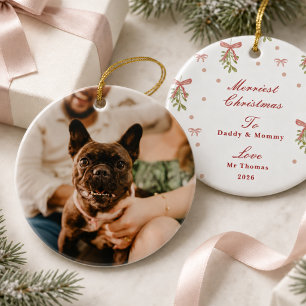 Grandmillennial Christmas Bow Mistletoe Pet Photo Ceramic Tree Decoration