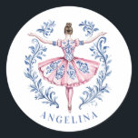 Grandmillennial Christmas Damask Ballerina Classic Round Sticker<br><div class="desc">This Christmas sticker has a ballerina with a pink and blue damask dress. You can personalise with a name.</div>