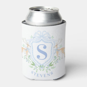 Grandmillennial Christmas Deer Crest Monogram  Can Cooler