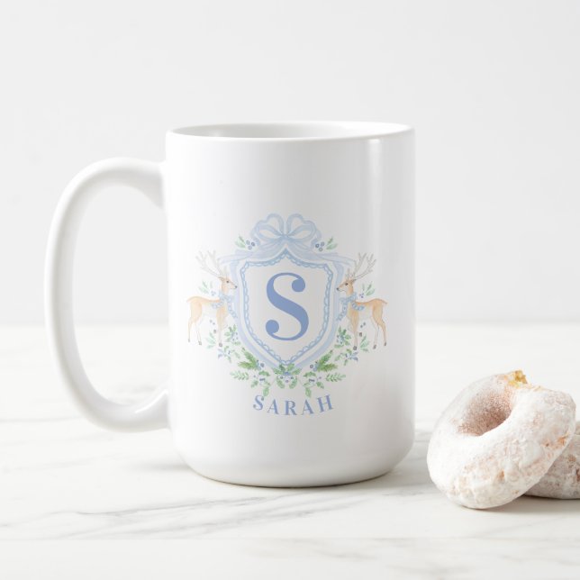 Grandmillennial Christmas Deer Crest Monogram  Coffee Mug (With Donut)