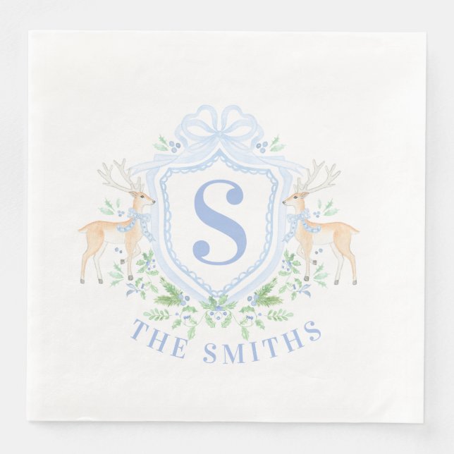 Grandmillennial Christmas Deer Crest Monogram  Napkin (Front)