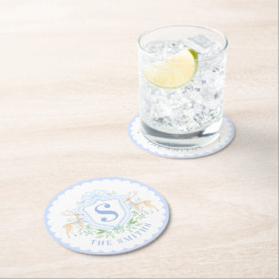 Grandmillennial Christmas Deer Crest Monogram  Round Paper Coaster