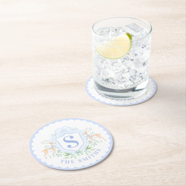Grandmillennial Christmas Deer Crest Monogram  Round Paper Coaster (Insitu)