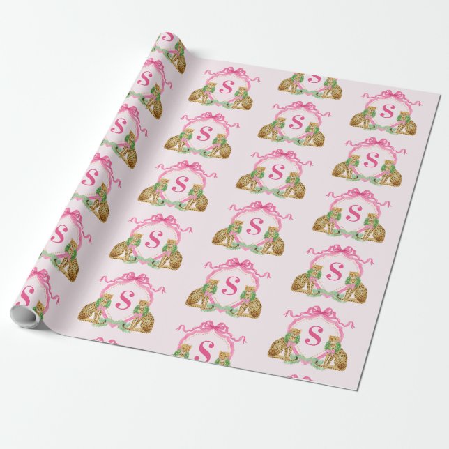 Grandmillennial Christmas Leopard Monogram Wrapping Paper (Unrolled)