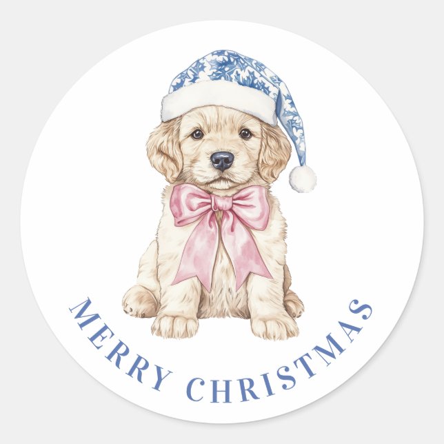 Grandmillennial Christmas Puppy Classic Round Sticker (Front)
