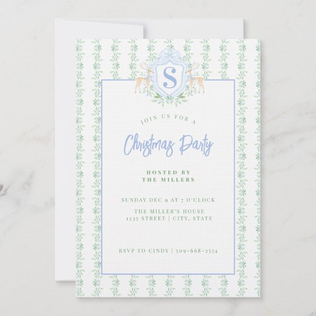 Grandmillennial Christmas Reindeer Crest Monogram Invitation (Front)
