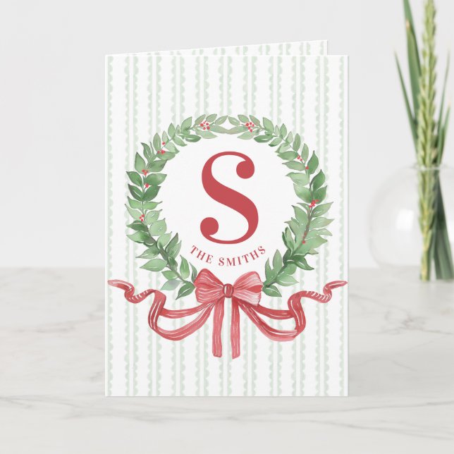 Grandmillennial Christmas Wreath Monogram  Card (Front)