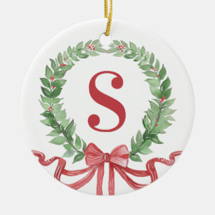 Grandmillennial Christmas Wreath Monogram  Ceramic Tree Decoration