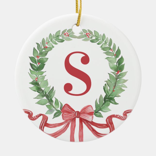 Grandmillennial Christmas Wreath Monogram  Ceramic Tree Decoration (Front)