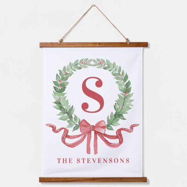 Grandmillennial Christmas Wreath Monogram  Hanging Tapestry (Front)