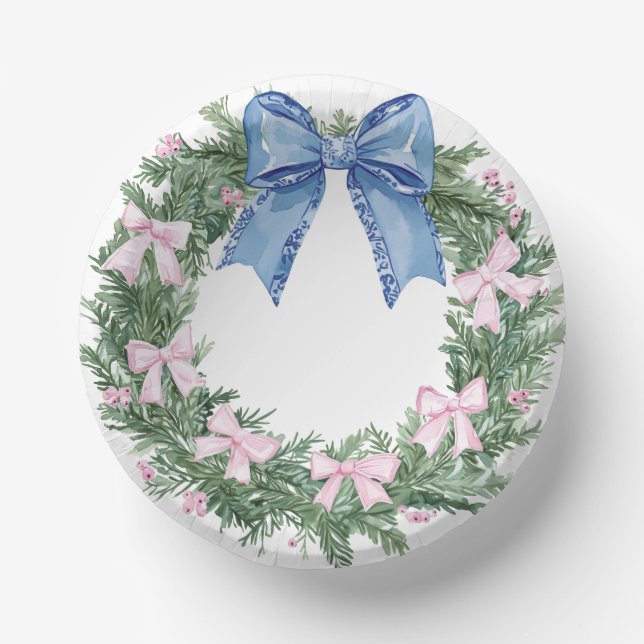 Grandmillennial Christmas Wreath Monogram Paper Plate (Front)