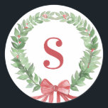 Grandmillennial Christmas Wreath Monogram Photo Classic Round Sticker<br><div class="desc">This Christmas sticker has a wreath with a red monogram initial. You can personalise with  your initial.</div>