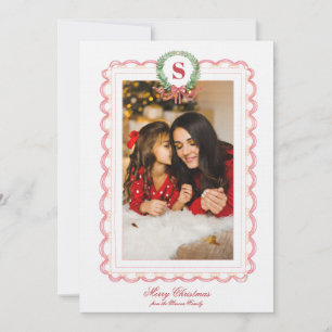 Grandmillennial Christmas Wreath Monogram Photo Invitation