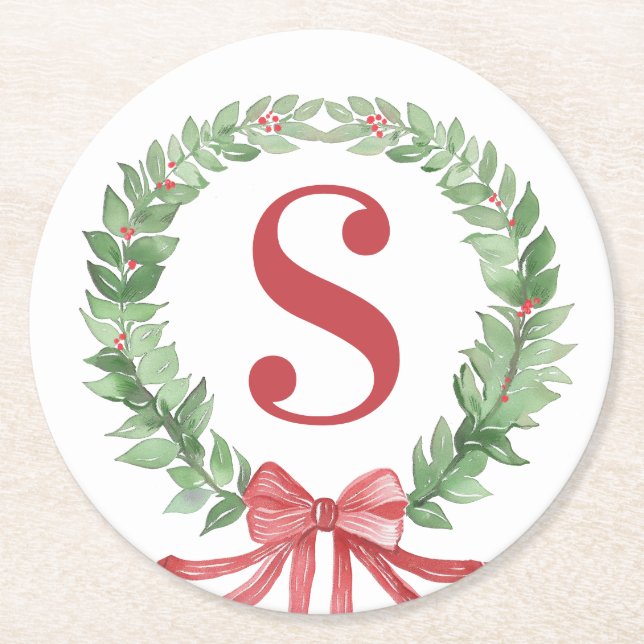 Grandmillennial Christmas Wreath Monogram  Round Paper Coaster (Front)