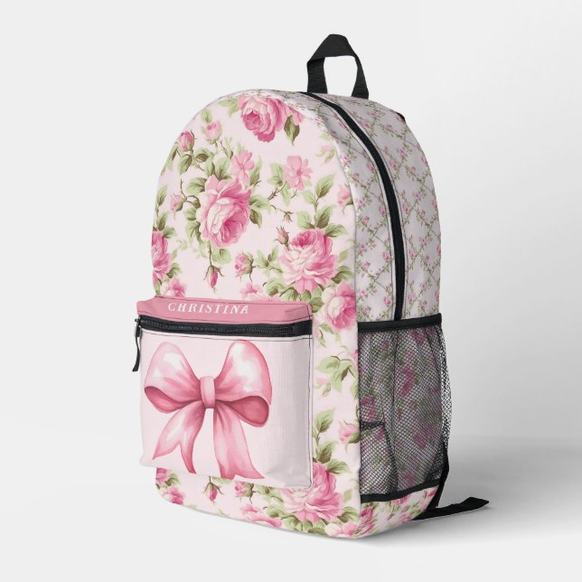Grandmillennial Cottage Rose Pink Bow Backpack (Back Corner Right)