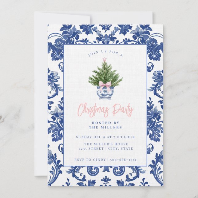 Grandmillennial Damask Christmas Tree  Invitation (Front)