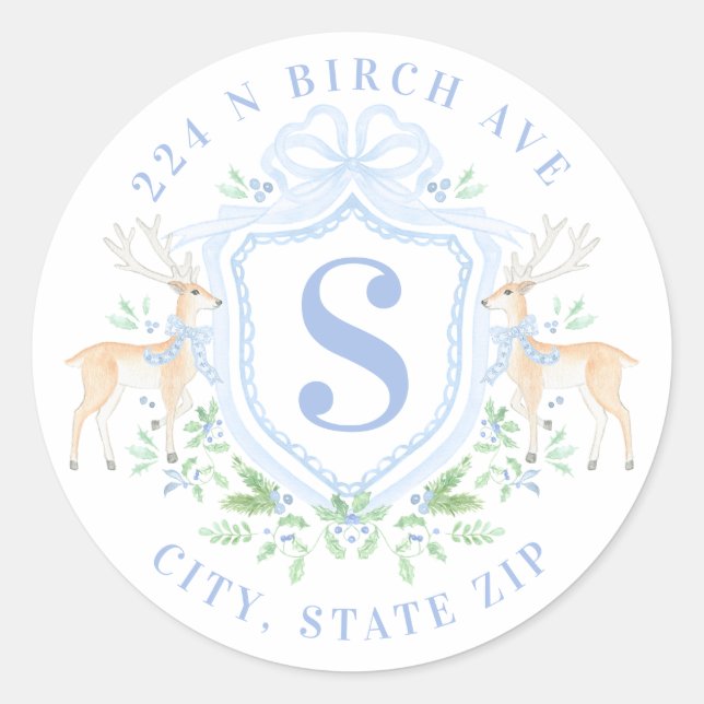 Grandmillennial Deer Crest Monogram Address Classic Round Sticker (Front)