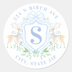 Grandmillennial Deer Crest Monogram Address Classic Round Sticker