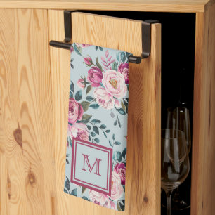 Grandmillennial Dusty Rose Floral Custom Monogram Tea Towel