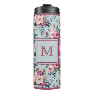 Grandmillennial Dusty Rose Floral Custom Monogram Thermal Tumbler