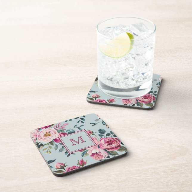 Grandmillennial Dusty Rose Floral Custon Monogram Coaster (Right Side)