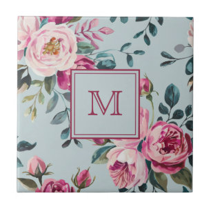 Grandmillennial Dusty Rose Floral Custon Monogram Tile