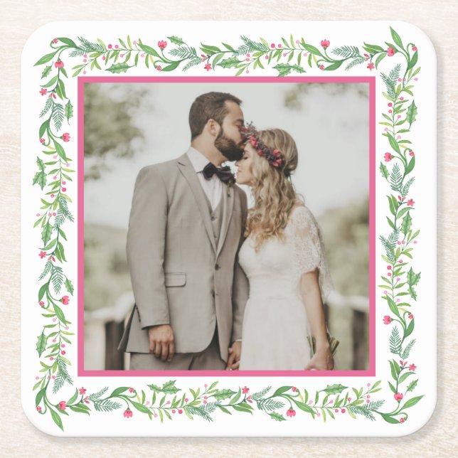 Grandmillennial Evergreen Swag | Photo Square Paper Coaster (Front)