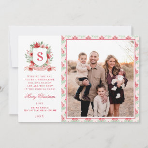 Grandmillennial Floral Crest   Christmas Monogram Holiday Card